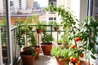 Huerto urbano en balcón con plantas de tomates, pimientos y hierbas aromáticas